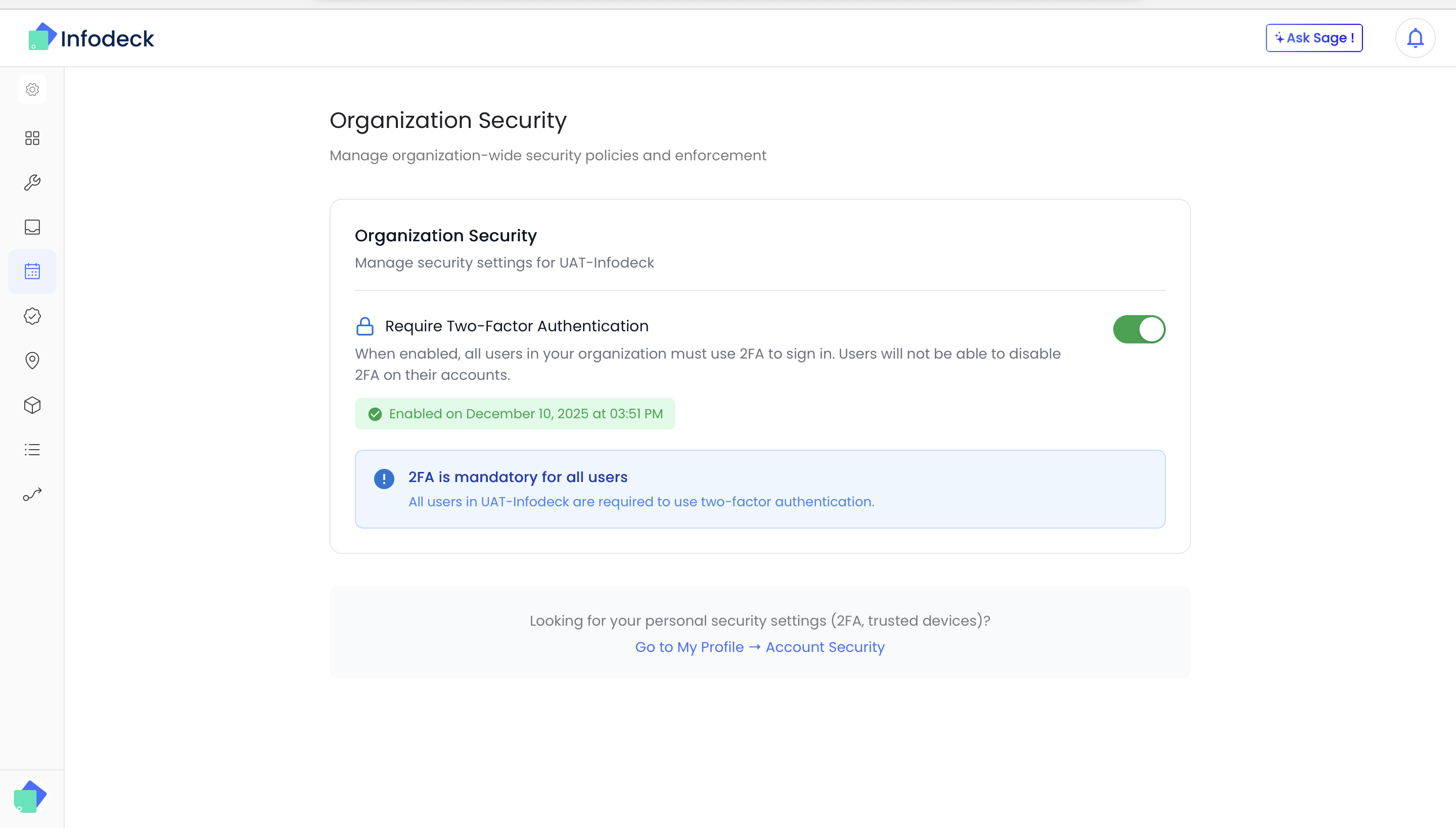 Organization Security showing 2FA enforcement settings