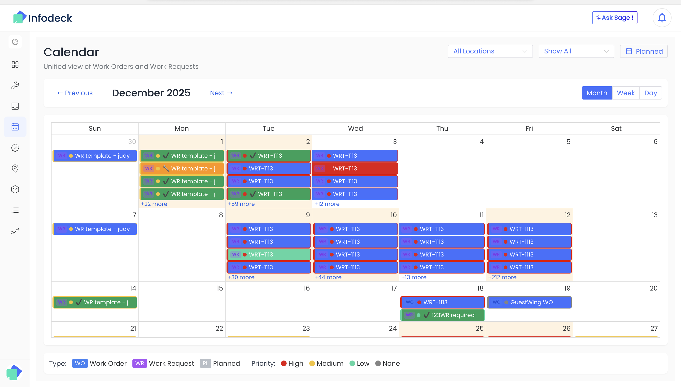 Calendar view showing monthly work order schedule