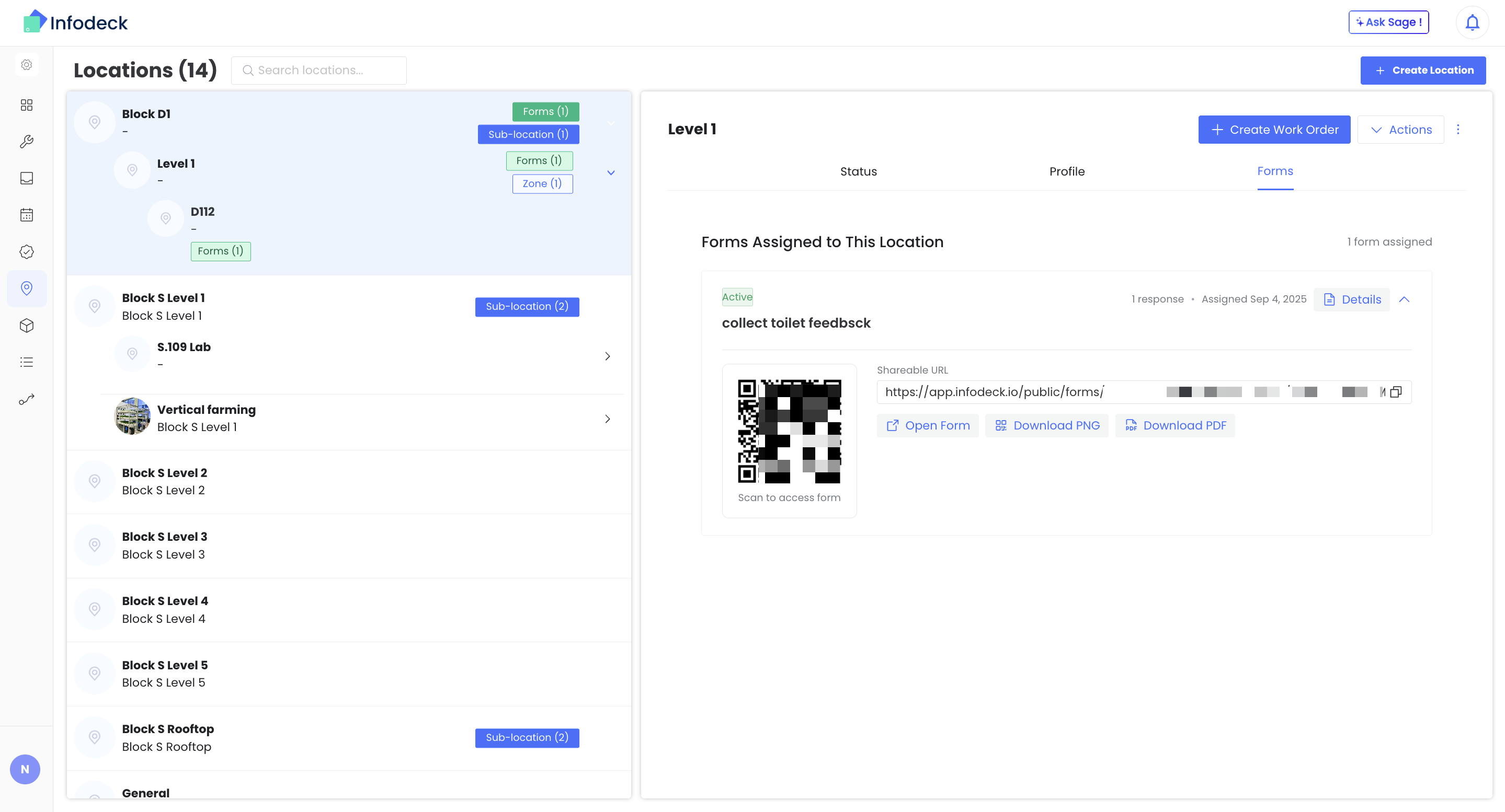Infodeck locations page showing hierarchical tree structure with buildings, floors, sub-locations and zones, plus form assignment panel
